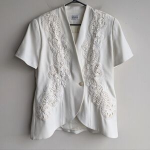 Jovani Pearl Embroidered Short Sleeve Blazer Jacket - Ivory White